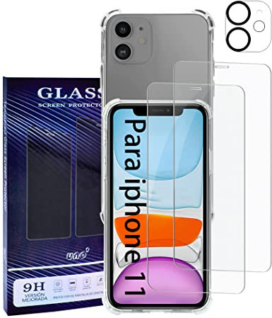 【Marca UNO'】Kit de Protección para iPhone 11: 2 Láminas de Vidrio Templado + 1 Protector de Cámara + 1 Funda Antigolpes, Antiarañazos y Antihuellas, Compatible con Pantalla de iPhone 11 (6.1)