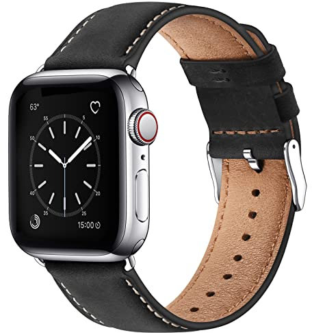 WFEAGL compatible con Apple Watch 44mm 45mm 49mm 46mm 42mm (Serie 3 2 1), correa de piel auténtica reemplazo para iWatch Serie 10, 9, 8, 7, 6, 5, 4, 3, 2, 1/SE/Ultra(negro/plata)