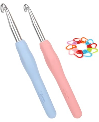 Coopay Häkelnadeln 7,0 mm und 8,0 mm, 2 Stück Metall Häkelnadel mit Maschenmarkierer, Ergonomische Häkelnadel mit Weichen Griff für Arthritische Hände, Bunt TPR Griff Häkelnadel 7 8 mm für Anfänger