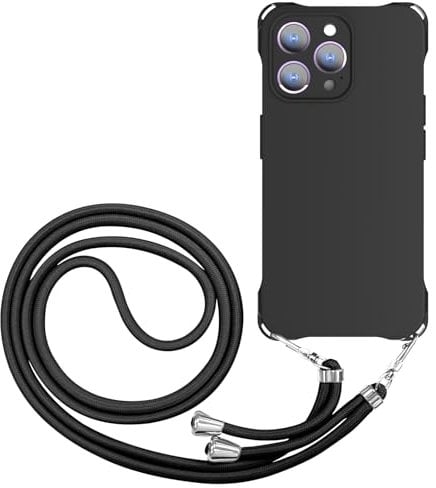 CAROKI Crossbody iPhone 15 Pro Case, Lanyard Protective Liquid Silicone Case with Adjustable Length Detachable Lanyard Rope Shockproof Hands-Free Clear Phone Cover for iPhone 15 Pro-Black