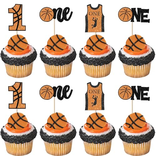 24 Pack Basketball Cupcake Toppers Glitter Basketball Player Slam Dunk Basketball Apparel Cupcake Picks for Kids First Birthday Basketball Sports Theme