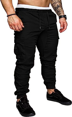 NANAMEEI Pantalons de Jogging Pantalon Cargo Homme en Coton Slim Fit Pantalons de Sport Multi Poches Taille Elastique Noir XXL