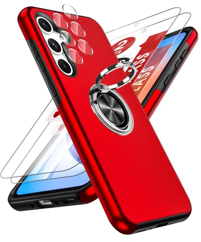 LeYi Funda para Samsung Galaxy A35/A 35 5G con 2× Protector de Lente de Cámara,2× Cristal Templado, Carcasa con 360 Grados Metálico Anillo Hard PC Silicona Antigolpes Case, Rojo