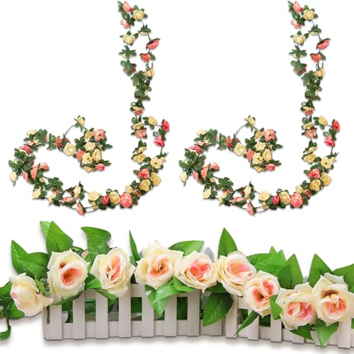 Künstliche Girlande, 3 Stück Kunstblumen Pfingstrosen Künstlich Blumen Déco mit Grünen Blättern 2.4m Hängend Wie Echt Seidenblumen für Tür Heimdekoration Hochzeit Party