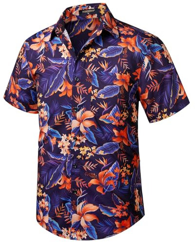 HISDERN Chemises hawaïennes à Fleurs pour Hommes Chemise de Plage décontractée à Manches Courtes Été Hawaii Aloha Chemise de fête Coupe régulière Violet/Orange 4XL
