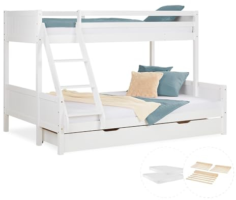 Homestyle4u Kinderbett Etagenbett 90x200 und 140x200 mit 2 Matratzen und Bettkasten Hochbett Weiß Holz Doppelstockbett | Artikel 2724