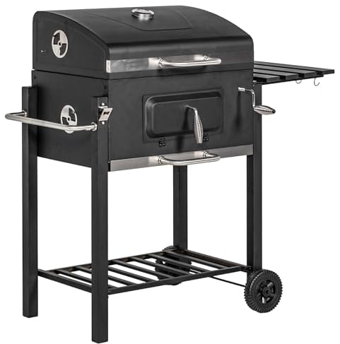 Outsunny Holzkohlegrill aus Edelstahl BBQ Smoker mit Deckel Thermometer Räder Kohlewanne Griff Ablage Grillwagen, Kohlegrill Standgrill für Barbeque Camping, Garten 115 x 67 x 107 cm