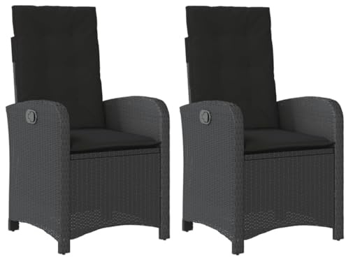 KOIECETA Gartensessel mit Kissen 2 STK. Gartenstuhl mit Verstellbarer Rückenlehne Liegestuhl mit Stahlrahmen Sessel Stuhl Relaxsessel Poly Rattan Schwarz