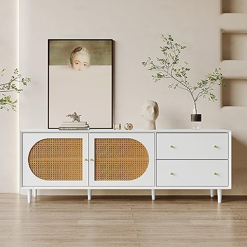 Dalred Práctico mueble de TV blanco con patas de madera auténtica y mucho espacio de almacenamiento. 2 cajones, 2 puertas con elegante diseño de ratán