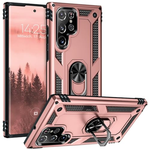 LBH Outdoor Hülle für Samsung Galaxy S22 Ultra Armor Militär Stoßfest Handyhülle 360 Grad Metal Ring Halter Ständer Schutzhülle für Handyhalterung Auto Magnet Rosegold