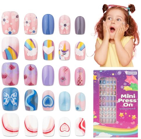 EBANKU 5 Pack Children Press on Nails, Cute Pink White Kid Fake Nail Kit False Nails for Girls with Jelly Nail Adhesives & Builder Glue