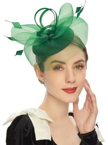 HIQIU Fascinators Hut für Damen Blume Mesh Federn Tüll Bräute Kopfschmuck Haarschmuck mit Stirnband und Clip für Cocktail Tea Party Hochzeit Kirche (DE/NL/SE/PL, Alphanumerisch, Einheitsgröße, Grün)