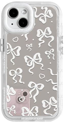 NITITOP Compatible with iPhone 15 Case Cute Mirror Bow Love Heart Pattern for Women Girls Ribbon Design Shockproof Silver Protective Phone Cover - White Bow