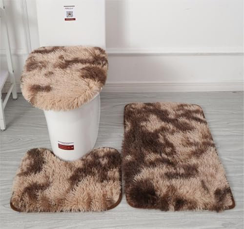 Soft Microfiber Bathroom Rugs Sets 3 Piece,Non-Slip Bath Mat Fluffy Plush Toilet Seat Cover for Bathroom,Water Absorbent Bathmat,Machine Washable (Coffee)