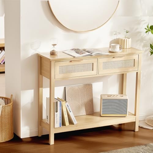 VEVOR Rattan Console Table with 2 Storage Drawers, Rattan Entryway Table with Natural Rattan Sliding Door, Console Sofa Table for Living Room, Study, Entryway Or TV Wall, Natural