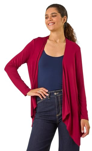 Roman Waterfall Cardigan for Women UK - Ladies Open Front Cardi Smart Casual Edge to Edge Daytime Everyday Summer Autumn Knitted Knitwear Long Sleeve Fashionable - Red - Size 14