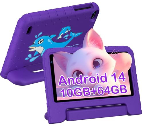Biegedy Tablet para Niños 7 Pulgadas,Android 14 Niños Tablet,10GB RAM + 64GB ROM/TF 512GB,Octa-Core 1.8GHz | Kids Educativos | Control Parental | 5G WiFi 6 | Cámara Dual | BT5.0,con Funda EVA Morado
