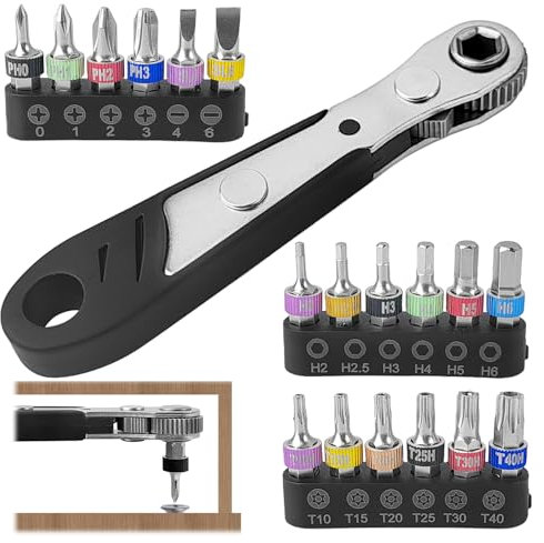 19 Piezas Carraca Pequeña, Robusto y Fácil de Usar, 110 mm 1/4, Destornillador Carraca, Multifuncional, Destornillador de Carraca, para Gadgets, Coches, Hogares, Máquinas (negro)