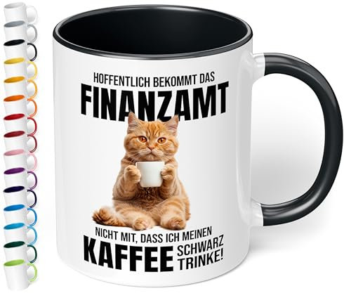 Lustige Tasse „Finanzamt-Katze“ – Geschenkidee für Katzen-Liebhaber - Keramik, ca. 330ml, Schwarz