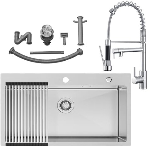 Auralum Fregadero 75x45cm con Escurreplatos + Grifos Cocina Fregadero con Doble Rociador