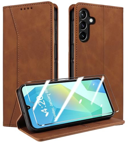 QHOHQ Handyhülle für Samsung Galaxy A16 4G / A16 5G / A26 5G Hülle mit Panzer Glas, Premium Leder Schutzhülle, [RFID Blockierung], Magnet Klappbar Flip Case Tasche, Multifunktional, Stoßfest-Braun