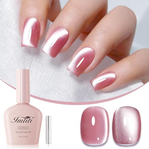 Imtiti Rose Pink Cat Eye Gel Nail Polish 10ML Rosy Pink Magnetic Aurora Effect UV LED Soak Off 28+ Days High Gloss Salon Nail Art Magnet Stick Women Girls Gift 0.34 fl oz