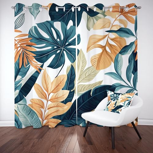 Kioldoq Palmenblätter Blattmuster Gardinen mit Ose 2er Set 245x140 cm Bananenblatt Pflanzen Vorhang Blickdicht, Verdunklungsvorhänge Blatt Modern Wohnzimmer, Thermovorhang Kälteschutz Schlafzimmer