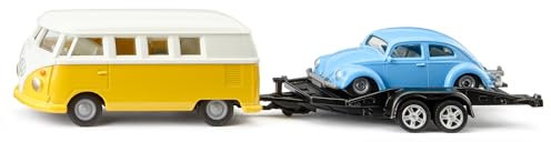 siku 2567, VW T1 Samba mit Transport-Anhänger und VW Käfer, 1:50, Metall/Kunststoff, Multicolor, Kippbare Ladefläche