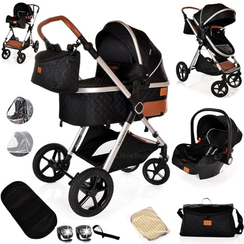 Baby Pram Pushchair Baby Buggy Stroller 3 in 1 Child Lightweight Folding Stroller 3 in 1 Travel System for Newborns & Toddlers 0-36 Months from Birth (Black Silver)