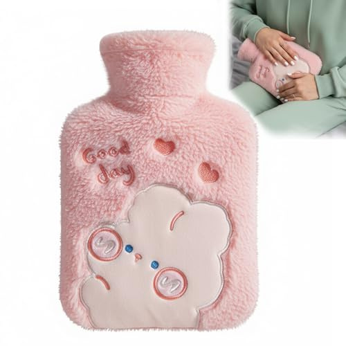Wärmflasche mit Weichem Bezug, 1L Wärmeflasche Groß Flauschig, Wärmflasche mit Vliesbezug, Naturkautschuk, zur Nacken- und Rückenwärmung, für Familie, Geschenke für Frauen (Rosa)