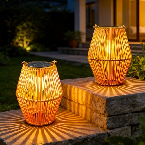 Ollny Solar Laternen für Außen, 2 Stück Solarlampen in Rattan Boho Stil Hängend/Stehend, IP44 Wasserdicht Muttertag Genschenk für Frauen, Mama, Oma, Solarleuchten für Garten Balkon Terrasse, Warmweiß