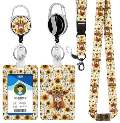 bolimoss Highland Cow Lanyard with Card Holder,Retractable Lanyards for Credit Card Key, ID Badge Holder with Breakaway Lanyard Neck Strap, Cute Sunflower Card Holder for Women Nurse Teacher Student