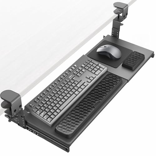 VIVO Large Height and Width Adjustable Under Desk Keyboard Tray, C-clamp Mount System, 22.5” to 30” (28.5” to 36” Including Clamps) x 11 inch Slide-Out Platform for Typing, Black, Mount-KBST1