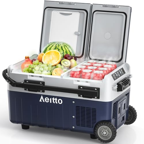Aeitto 12 Volt Car Refrigerator, 32QT(30L) Dual Zone Portable Car Fridge Freezer -4℉-68℉ Electric Cooler Dual Temp Control Cooling Freezing 12/24V DC & 100-240V AC for Travel, Camping, RV, Road, Home