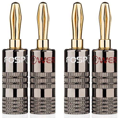 FosPower – Fiches Bananes Premium Plaquées Or 24K avec Double Vis – Connecteurs pour HiFi, Haut-Parleurs, Amplificateurs & Home Cinéma – Lot de 4