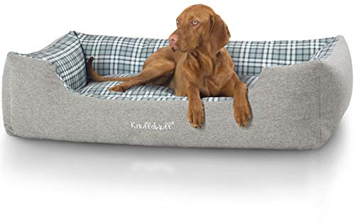 Knuffelwuff Hundebett Lennard aus Velours mit Karomuster XL 105 x 75cm Grau/Grün - Abnehmbarer Bezug - waschbar - für große, mittelgroße und kleine Hunde
