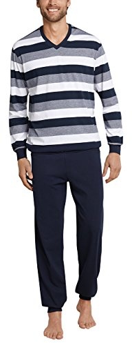 Schiesser Herren Lang Mit Bündchen - Nightwear Set Zweiteiliger Schlafanzug, Dunkelblau_159623, 50 EU