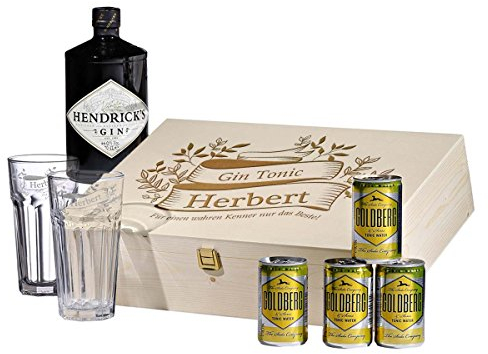 8-tlg Gin & Tonic Geschenk-Set Personalisiert mit Hendricks - Longdrink-Glas in Geschenkbox mit Gravur - Motiv vintage gin