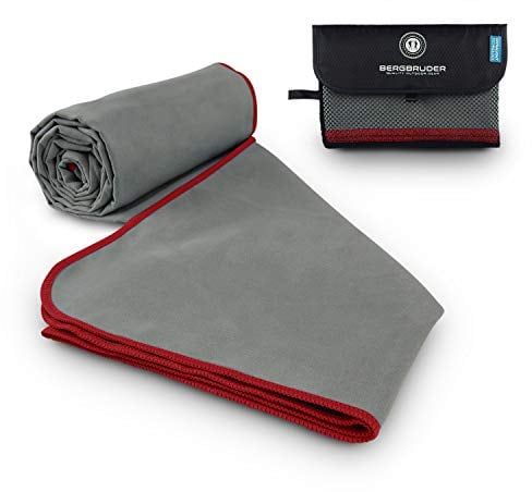 BERGBRUDER Mikrofaser Handtücher - Ultraleicht, kompakt & schnelltrocknend - Strandtuch, Badetuch Set mit Tasche (Set SL = 1x S 80x40 cm & 1x L 160x80 cm, Grau-Rot)