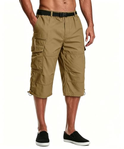 MAGCOMSEN Mens Cargo Shorts 3/4 Length Summer Casual Work Capri Long Short Pants Cotton Breathable Cropped Trousers with Multi Pockets