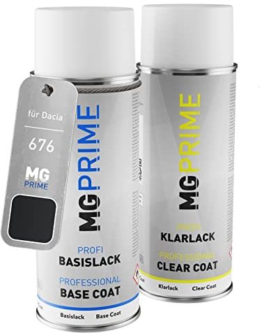 MG PRIME Autolack Sprühdosen Set für Dacia 676 Noir Nacre/Perlmutt-Schwarz Metallic Basislack Klarlack Spraydose 400ml