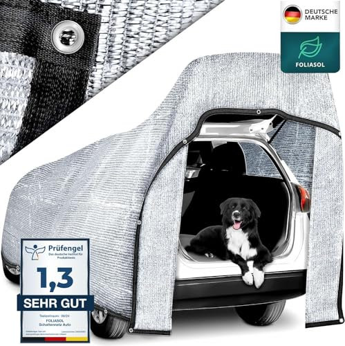 FOLIASOL® Schattennetz Auto 4x6 m | Alunetz Hund mit Ösen 80% UV | Alu Sonnenschutz für Camping & Urlaub | Sonnenschutznetz mit Befestigung | Hitzeschutz Aluminium luftdurchlässig