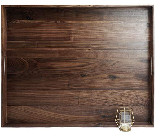 MAGIGO 30 x 24 Inches Extra Large Rectangle Black Walnut Wood Ottoman Tray with Handles, Serve Tea, Coffee Classic Wooden Decorative Serving Tray