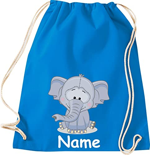 Shirtinstyle Gym Sack Kinder Turnbeutel Tiere Elefant mit Wunschnamen, Beutel Tasche Hort Kita, Farbe Sapphire