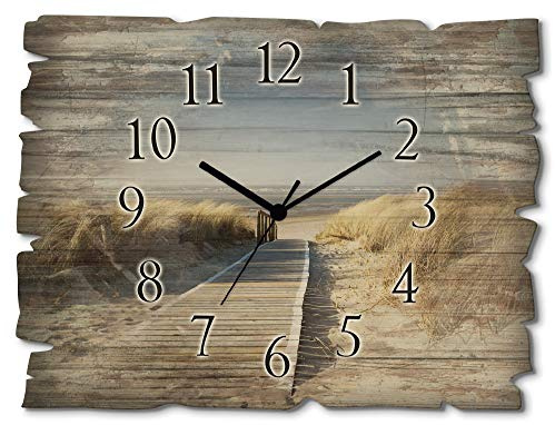 ARTLAND Wanddeko Wanduhr ohne Tickgeräusche aus Holz Funkuhr 40x30 cm Rechteckig Lautlos Strand Meer Nordseestrand Nordsee Maritim T5RM