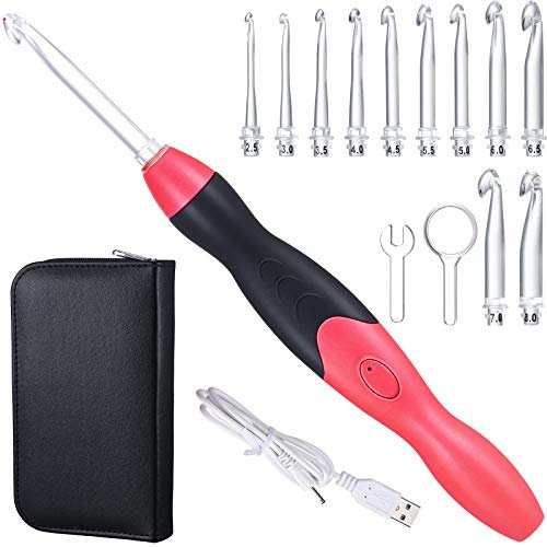 Chuangdi 11 Größen Beleuchtet Häkelnadel Set Wiederaufladbar Häkeln Haken Aufleuchten Häkelnadeln mit Hülle, Austauschbare Köpfe 2,5 mm bis 8 mm für DIY Bastelbedarf (Rot-Schwarz)