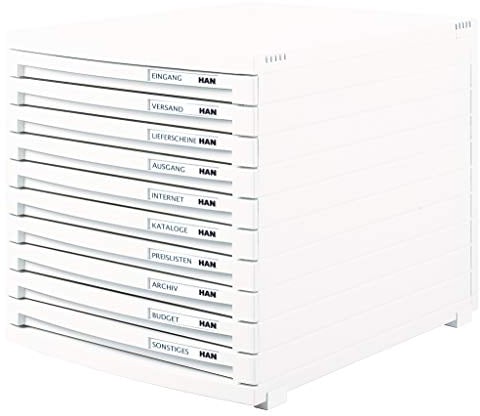 HAN Schubladenbox CONTUR mit 10 flachen geschlossenen Schubladen bis Format B4, inkl. Auszugsperre, inkl. Beschriftungsschildern, Gummifüße, modular erweiterbares Schubladensystem, 1510-12, weiß