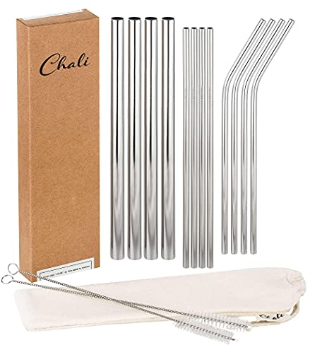 Chali® Edelstahl Strohhalme 12er Set (8x ø6mm, 4x ø12mm), Trinkhalme Silber Wiederverwendbar 21,5cm lang spülmaschinengeeignet inkl. 2x Reinigungsbürsten