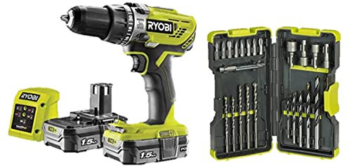 Ryobi R18PD3-215GZ 18 V ONE+ Cordless Combi Drill Starter Kit (2 x 1.5 Ah) & RAK30MIX Mixed Drilling and Driving Bit Set, 30 Piece