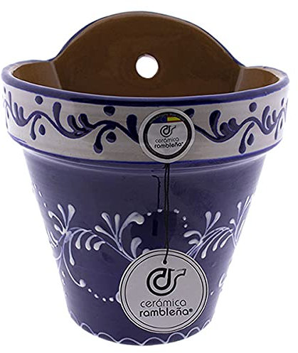 CERÁMICA RAMBLEÑA | Maceta Colgante Pileta | Maceta de Barro para Colgar | Maceta Pared Patios de Córdoba Patio Andaluz | 100% Decorada a Mano | 22x21x25 cm